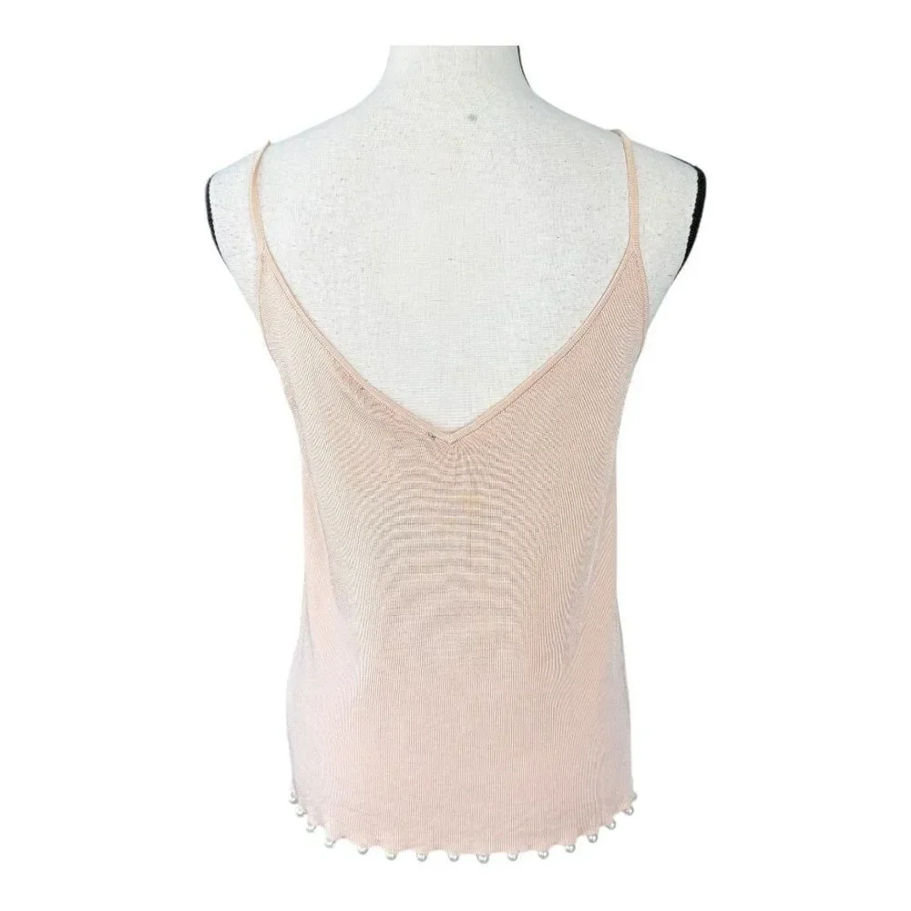 NWT Zara Knit Pink Ribbed Embellished Spaghetti Strap Camisole Top Womens M